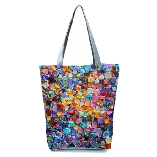 Bolso tote para mujer con estampado de gemas y cristales arcoíris, estilo bohemio, con cierre de cremallera, ideal para viajes, compras y uso diario miniatura 1