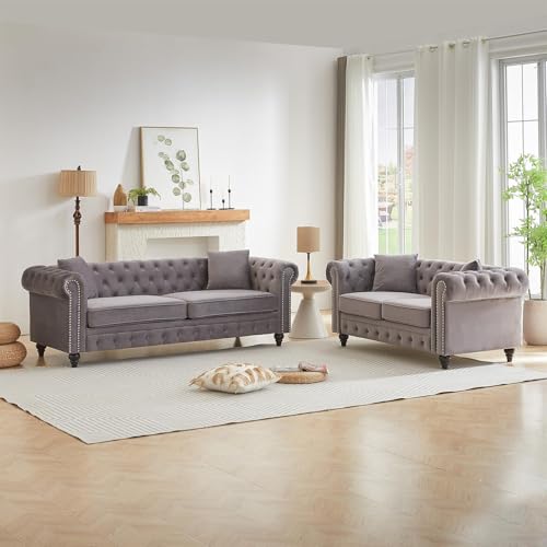 Image of Modern Chesterfield Sofa Set for Living Room, 2 Piece Velvet Fabric Furniture Sets 3 Seater Couch&Loveseat Sofa with Rolled Arms and Tufted Button, Office, Light Grey