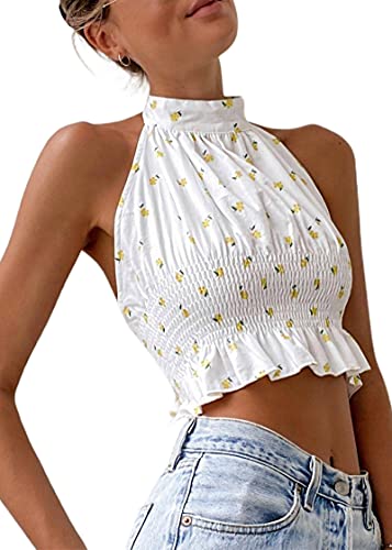 Hilinker Women's High Neck Tie Up Back Ruffle Hem Sleeveless Halter Tank Top White Small