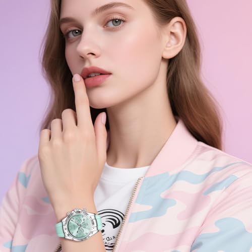 Image of OLEVS Women Dress Watches Two Tone Diamond Quartz Wristwatch, Silicone Waterproof Luminous Day Date Ladies Chronograph Gift Watch