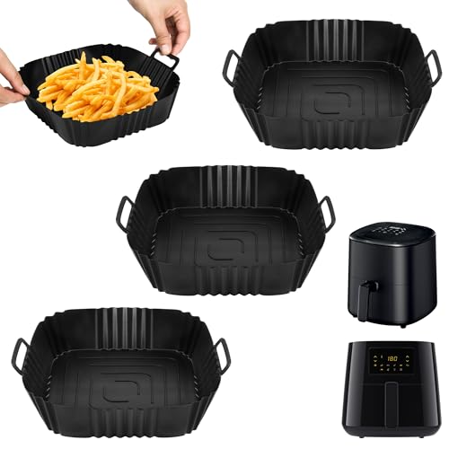 Fioxcomko 3-Pack Silicone Air Fryer Liners, Square, Black, 3.5L Capacity, Reusable, Non-Stick, Dishwasher Safe, for Cosori, Ninja, Philips Air Fryers