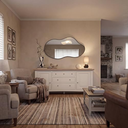 Image of Black Asymmetrical Wall Mirrors Irregular 20x36 Inch Abstract Mirror | Wall Mirrors Decorative Orangic Modern Cloud Mirror for Bathroom Bedroom Living Room Entryway Hallway
