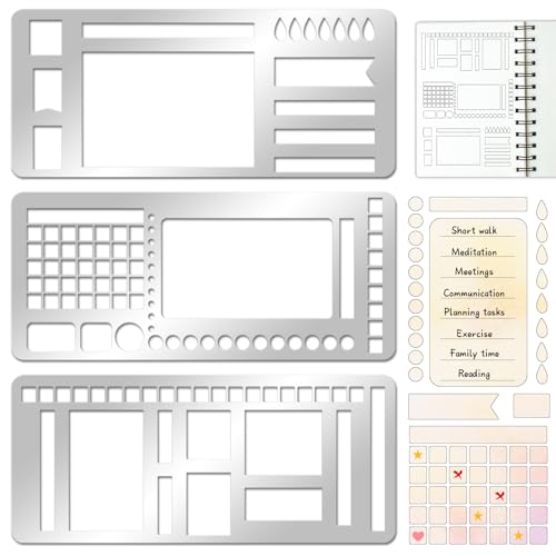 3 Pcs Record Template Metal Planner Stencils for Journaling 5.2X2.3 Inch Flexible Journal Template Stainless Steel Calendar Stencil for Weekly Spread Checklist Drawing DIY Crafts Supplies