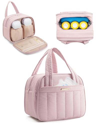 Marscamd Quilted Wearable Breast Pump Bag with Cooler Compartment Wearable Pump Case Compatible with Momcozy and Most Brand Hands-Free Breast Pumps Pink