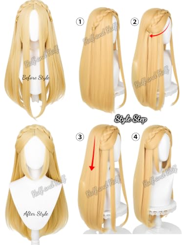 Image of Long Straight Blonde Anime Game Princess Cosplay Wig with Braid for Women | 27.5'' Light Golden Center Part Wigs Synthetic Hair for Halloween Party Costumes