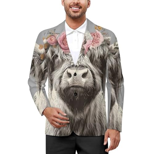 Rose Cute Highland Cow Men's Blazer Printed Button Suit Jacket Slim Sport Coat Blazers