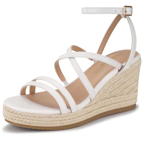 Image of TEMOFON White Wedge Sandals for Women Espadrilles 2026 Dressy Summer Comfortable Walking Strappy Platform Sandals Beach Wedding Low Wedges Heels Womens Shoes