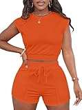 LovelyWholesale Short Sets for Women 2 Piece Summer Sets Cap Sleeve Crop Tops and Shorts Tracksuits Sets Orange Small