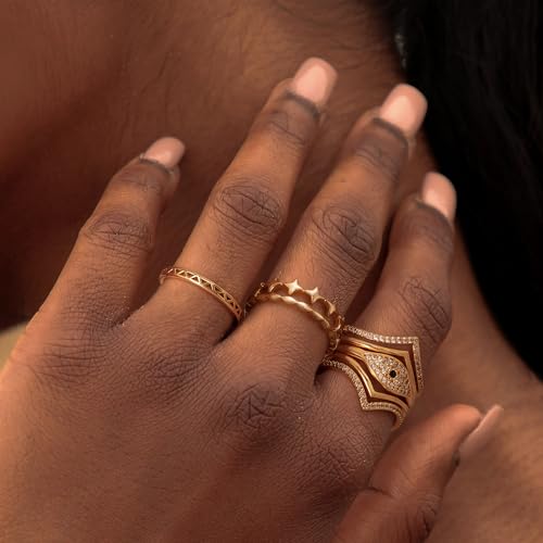 Gold V Ring for Women Chevron Cubic Zirconia 14K Gold Plated Minimalist Stack Enhancer Guard Band Finger Jewelry Size 6-83