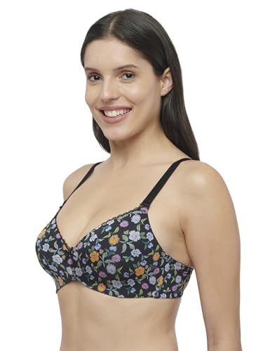 Image of Triumph Midnight Garden Bra for Women Padded Non Wired Seamless Bra Floral Printed T-Shirt Bra Wireless Full Coverage Lingerie Detachable Silky Straps with Elegant Lace Trim Pack of 1