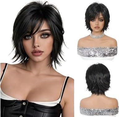 Mujer Peluca negra de pelo corto, tiro alto, flequillo ocho caracteres(B)