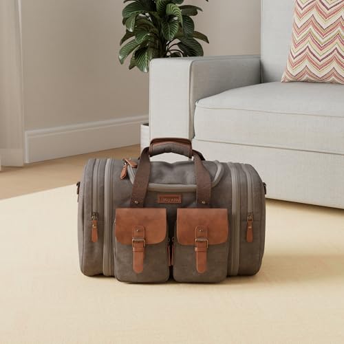 Image of Wildroad 50L Travel Duffel Bag, Expandable Canvas Genuine Leather Duffle Bag Upgraded Overnight Weekender Carry on Bag