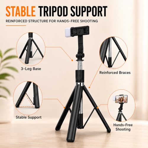 Image of 3-in-1 Extendable Bluetooth Selfie Stick with Tripod Stand & Wireless Remote Bluetooth Selfie Stick (Black, Remote Included) R1SL By UNBREAKcable
