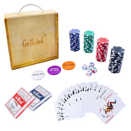 GOTHINK Classic Poker Chip Starter Game Set con 100 fiches da poker professionali, 2 mazzi di carte, 5 dadi e 3 pulsanti, set da poker adatto per Texas Hold'em Blackjack Gambling adulti bambini