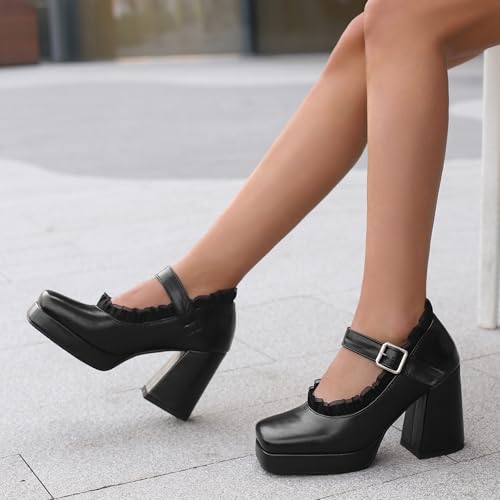 Gicoiz Women Square Toe Stylish Mary Jane Chunky Heel Pumps4