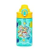 Zak Designs PAW Patrol Sage Water Bottle For School or Travel, 16oz Durable Plastic Water Bottle With Straw, Handle, and Leak-Proof, Pop-Up Spout Cover (Chase, Marshall, Skye, Rubble, Everest)