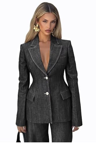Denim Suits for Women 2 Piece V Neck Womens Suit Casual 2 Button Womens Tuxedo Suit Set for Business Work