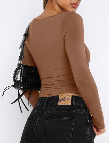 Image of Women Sweetheart Neckline Basic Fitted Tops Long Sleeve Going Out Crop Tops Ruched T Shirts