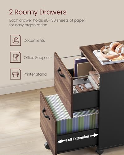 Image of VASAGLE CUSTOS Collection - 2-Drawer File Cabinet for Home Office, Small Rolling File Cabinet, Printer Stand, for A4, Letter-Size Files, Hanging File Folders, Natural Walnut and Ink Black UOFC040KE01
