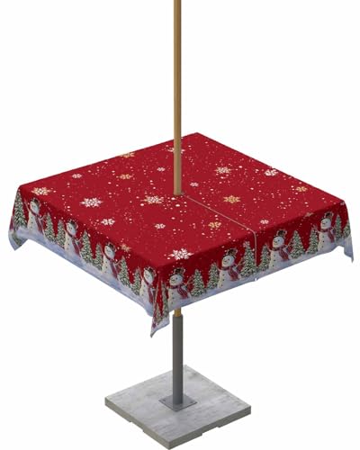 Christmas Snowman Outdoor Tablecloths with Umbrella Hole and Zipper, Red Xmas Gold Snowflake Tree Waterproof/Stain Resistant Square Table Cloth 54x54 Patio Table Cover for Picnic/Party Baby Shower