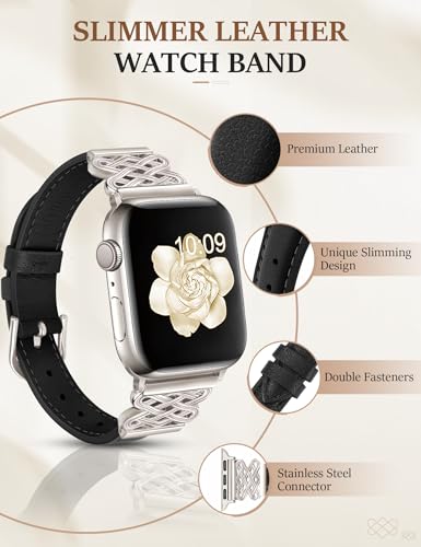Image of Newlibery Leather Band for Women Slim Dressy Bands Compatible with Apple Watch 38mm 40mm 41mm 42mm 44mm 45mm 49mm, Designer Interlock Buckle Strap for iWatch Series 10 /9 /8 /7 /6 /5 /4 /3 /2 /1 /SE /Ultra