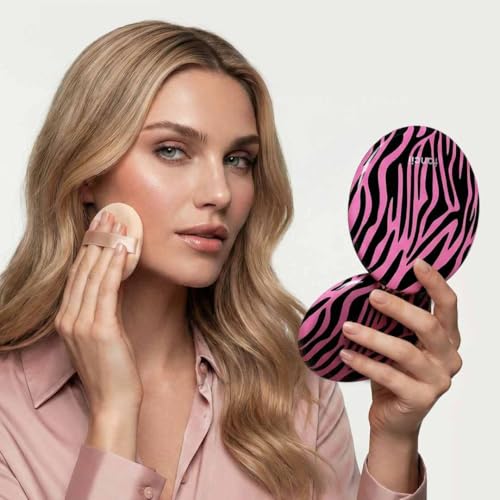 Image of Fancii Taylor LED Lighted Travel Makeup Mirror, Rechargeable, 10x /1x Magnifying, Tru-Glow Lighting System, XL Large 5 inch Wide | Compact Mirror for Purses (Hot Pink Safari)