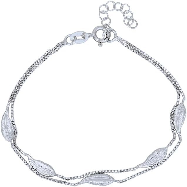 Vanbelle Sterling Silver Jewelry - Rhodium Plated with 925 Stamp - Designer Leaf Anklet - Elegant handcrafted Double layered Chain Bracelet for Women - 6.5" long + 1" extender