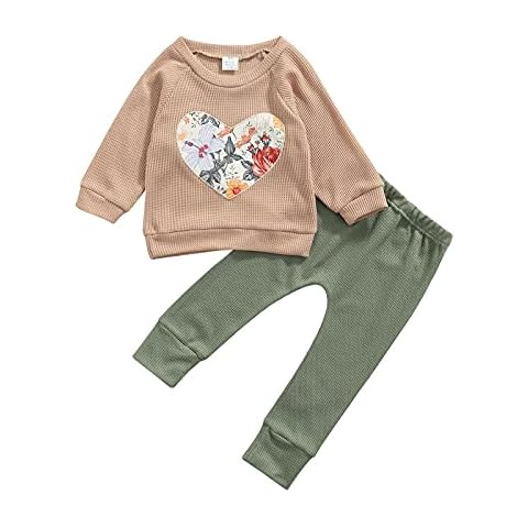RSRZRCJ Kids Toddler Baby Girl Fall Winter Clothes Waffle Knit Long Sleeve Pullover Sweatshirt Top and Pants 2PCS Outfits Set (Khaki Green, 2-3T) Cover