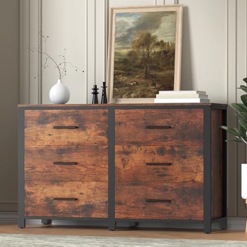 Frmobepts Rustic Brown Dresser for Bedroom, Wide Wood Dressers Furniture with 6 Wooden Drawer and Metal Frame, TV Stand with Deep Drawer (Rustic Brown)