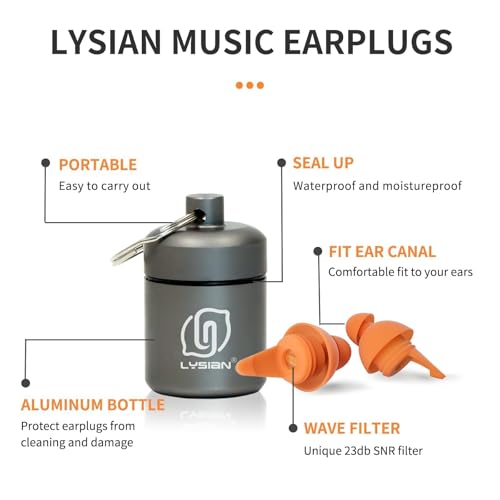 Image of LYSIAN High Fidelity Concert Ear Plugs, 23dB Noise Reduction Musician Earplugs for Concerts, Festivals & Raves, Reusable Soft Earplugs with Aluminum Case, 2 Pairs, Orange
