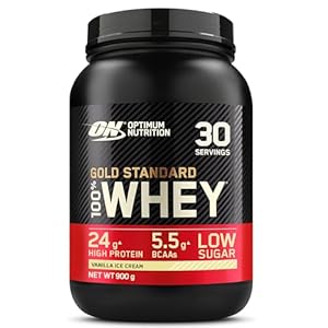 Optimum Nutrition Gold Standard 100% Whey Spieropbouw en Herstel, Proteïnepoeder met Lichaamseigen Glutamine en BCAA Aminozuren, Vanille-ijs Smaak, 30 Porties, 900 g