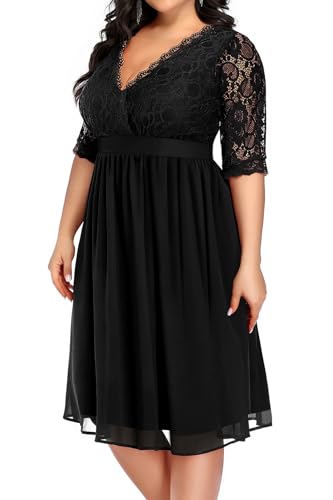 Pinup Fashion Black Cocktail Dress Plus Size Women Lace Top Chiffon Wedding Guest Dresses Semi-Formal Party Evening Wrap V Neck Dress
