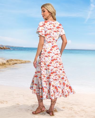 Image of AUSELILY Women Summer Midi Dresses Wrap Short Flutter Sleeve Elegant Dress | High Slit,High-waisted,Ruffled Hem,V-Neck,Fixed-strap Design,Skin-Friendly,Breathability,Wedding Guest Dresses