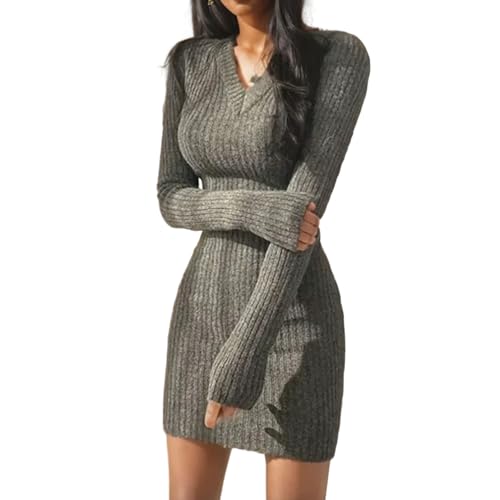 Juketron Vestido ceñido al Cuerpo de Manga Larga para Mujer, Vestido Informal Liso por Debajo de la Rodilla, suéter de Punto con Cuello en V, Vestidos sexys Ajustados para Mujer de Invierno 2024