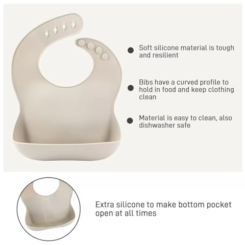 Set of 3 Silicone Baby Bibs with Food Catcher – Waterproof, Soft & Adjustable Feeding Bibs for Babies & Toddlers (10-72 Months, Unisex, Sand/Muted/Grey)2