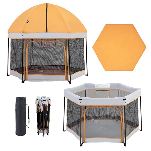 Image of Xped Babe Portable Playpen with Mattress 54" Outdoor and Indoor Baby Playard with Detachable Canopy Lightweight Foldable Play Yard for Babies and Toddlers with Gate and Travel Bag