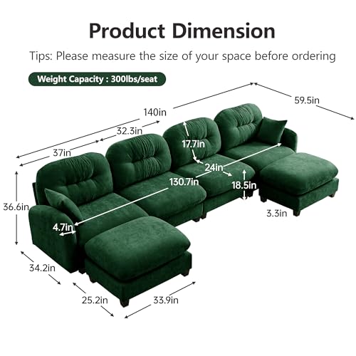 Image of KEIKI 140 inch U-Shaped Oversized Chenille Modular Sectional Sofa with 2 Ottoman, High-Density Foam Cushions, Tufted Pleated Cushion Backrest, Modern 4-Seater Couch with 2 Pillow, for Living Room, Green