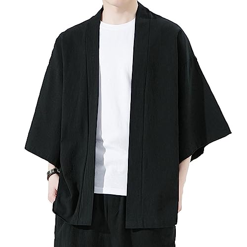 [FJLTDCP] 夏服 カーディガン ビジネス カジュアル 無地 和風 羽織 アウターシャツ 和式カーディガン 七分袖軽量 光沢通気性 おしゃれ 大きいサイズ 春夏秋メンズ-black-XLの商品画像（Amazon）