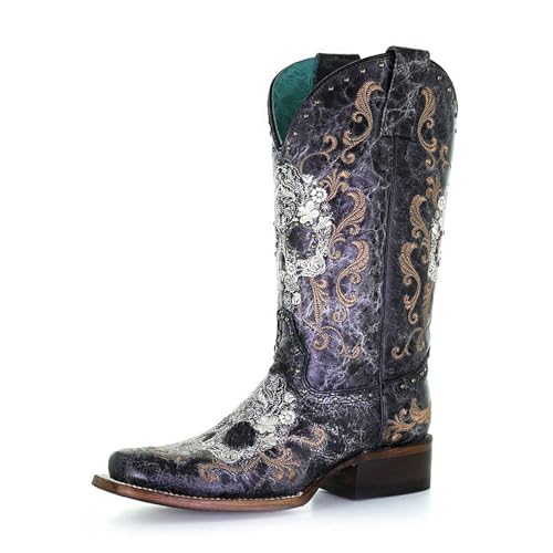 Corral Boots Women's Black and White Floral Sugar Skull Embroidery & Studs Square Toe Mid-Calf Leather Western Cowboy Boots, Black, 9.5