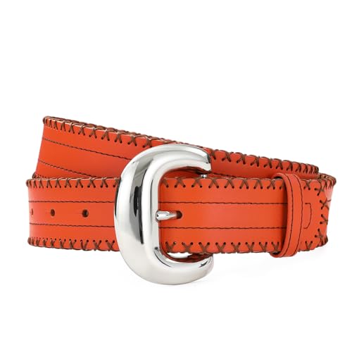 Orange Genuine Leather Luxury Belt for Women Silver Buckle Women Leather Belt Accessory Perfect for Jeans Dresses