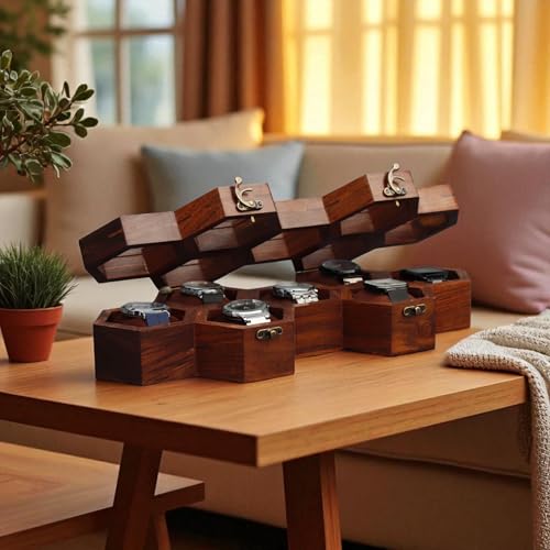Image of Vintage Wooden Watch Box for Men, Timepiece Display Case, Honeycomb Watch Storage & Organizer, Jewlery Box for Women, Anniversary Gift For Husband (7 Compartments (Other Design))