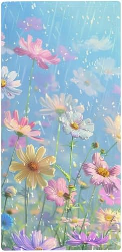 フェイスタオル 薄手 春の雨の下、色とりどりの野の花が咲きます タオル 吸水 速乾 ふわふわ 柔らか肌触り 魅力的な花 子どもっぽいイラスト フェイシャルタオル 洗顔タオル 大判 家庭用、ホテル、業務用、スポーツなどにも最適 四季通用 73x35cm