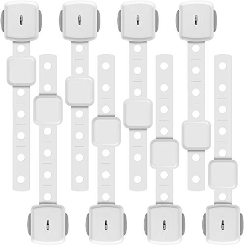 TILLYOU Child Safety Strap Locks (8 Pack) Baby Proofing Cabinet Locks Adjustable Strap Latches with 8 Extra 3M Adhesive for Cabinets, Drawers, Fridge, Dishwasher, Toilet, No Drilling