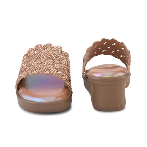 Image of Centrino Women's Crystal Embellished Wedge Sandals | Lattice Slide Flip Flop | Soft Cushioned Pearl Footbed | Elegant & Trendy Low Platform Wedge| Open Toe Slip-On Durable Fashion Footwear (9315)