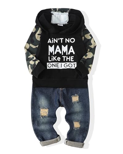 Image of Renotemy Toddler Baby Boy Clothes Denim Outfits Infant Hooded Sweatshirt Jeans Pants Little Boys Clothing