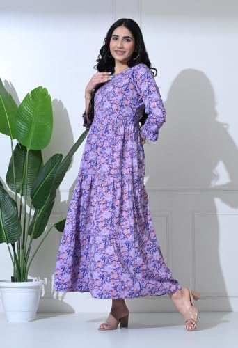 Image of Amazon Brand - Tavasya Women Botanical Floral Printed Maternity Midi Dress | Round Neck | 3 /4 Ruffle Sleeves | Concealed Feeding Zip | Gathered Tiered Nursing Dress