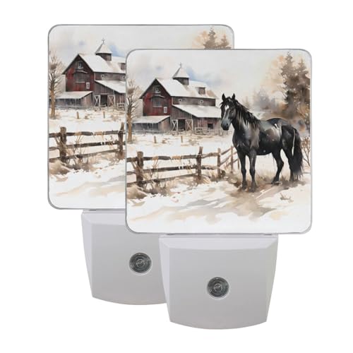 Image of Farmhouse Horse Night Lights 2 Pack Plug-in Wall Led Nightlight Auto Dusk-to-Dawn Sensor Lamps for Bedroom Kitchen Bathroom