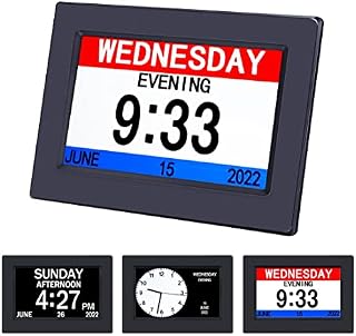 Digital Calendar Day Clock Photo Frame- Auto Dimmable Display 12 Alarm Options,Extra Large Impaired Vision Digital Clock with Non-Abbreviated Day & Month Alarm Clock (7 inch Black) 