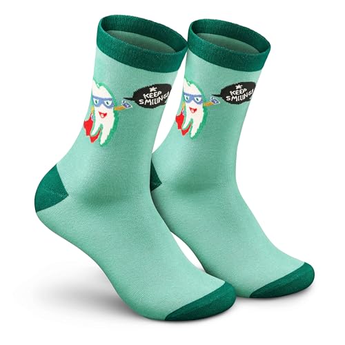 Superhero Keep Smiling Socken BEYCO-SOCKS &ndash; Zahnsocken mit Superhelden-Zahnmotiv | Lustige Zahnarzt Socken Geschenk | Socken mit Z&auml;hnen | Unisex Damen Herren | Gr&ouml;&szlig;e 38&ndash;44