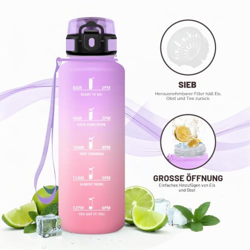 JAPORIA Trinkflasche 1.5L, BPA-frei, Wasserflasche mit Filter und Zeitmarkierung, Auslaufsicher, Sportflasche für Camping, Wandern, Schule… – Ansicht 5